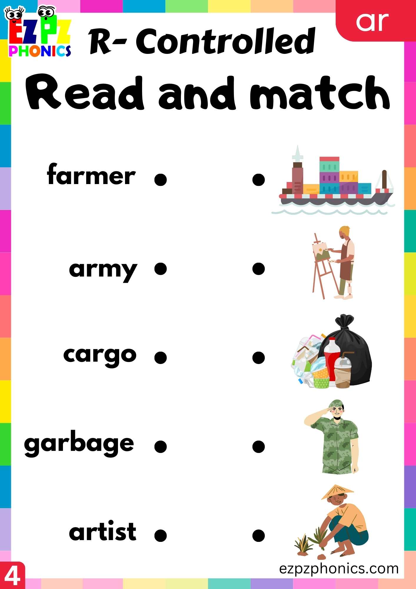 Read and match activity for ar two syllable words R controlled vowels phonics group 4